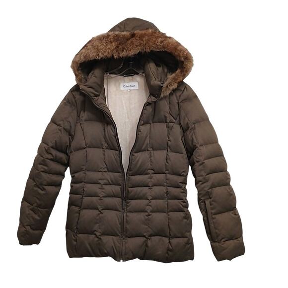 Calvin Klein Duck Down Parka Sz M Brown Puffer jacket Coat Removable Hood $250 - Picture 5 of 16